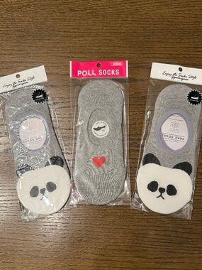 NIP Set of 3 Korean No-Show Socks - Cute Panda & Heart (Grey)